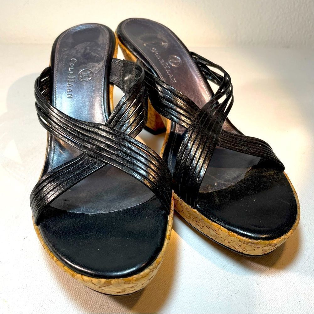 Cole Haan Cork Platform Sandals Chunky High Heel Open Toe Leather Black US 7.5